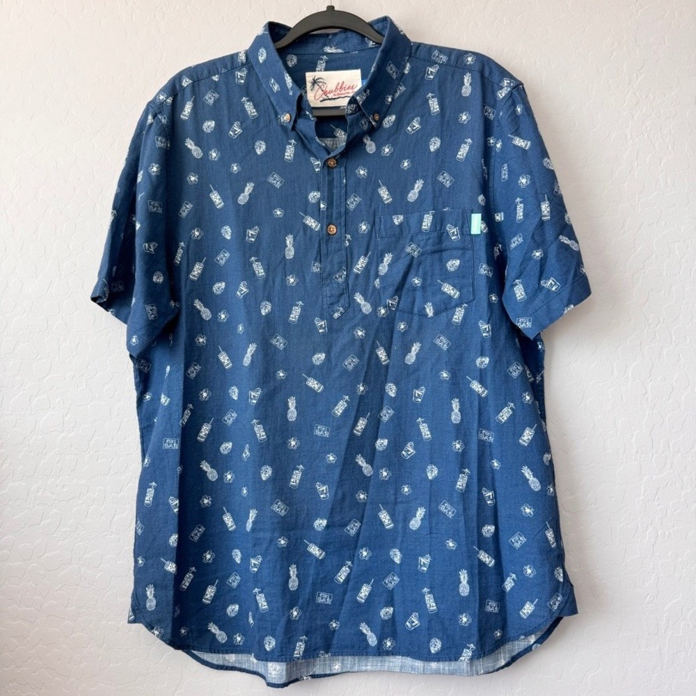 Chubbies Large Popover Shirt Blue Short Sleeve Tiki Bar Pineapple Cotton Print